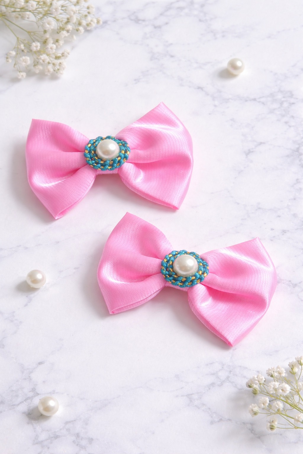 Cute Pink Bow Pearl Hair Clips (Set of 2)