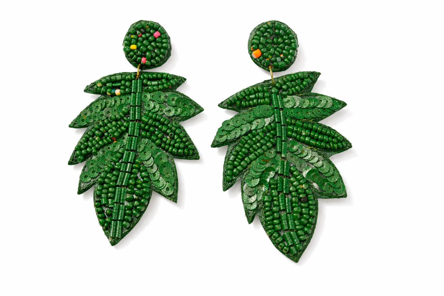 Emerald Leaf Beaded Statement Earrings