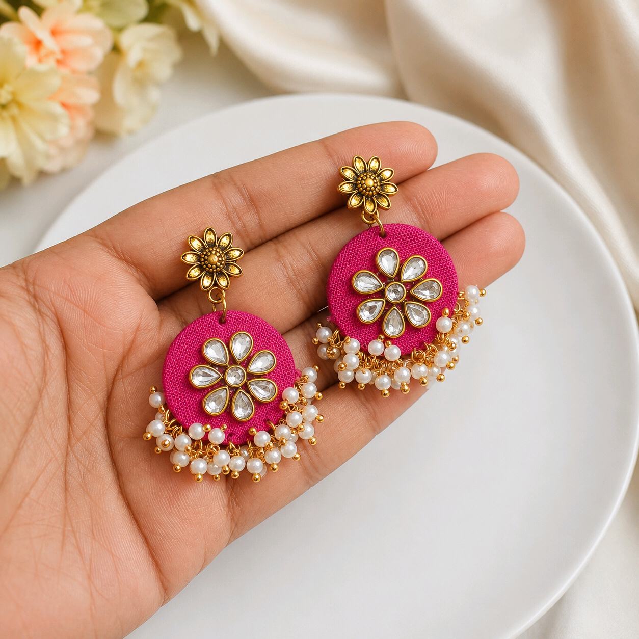 Gulabi Silk Kundan Drop Earrings
