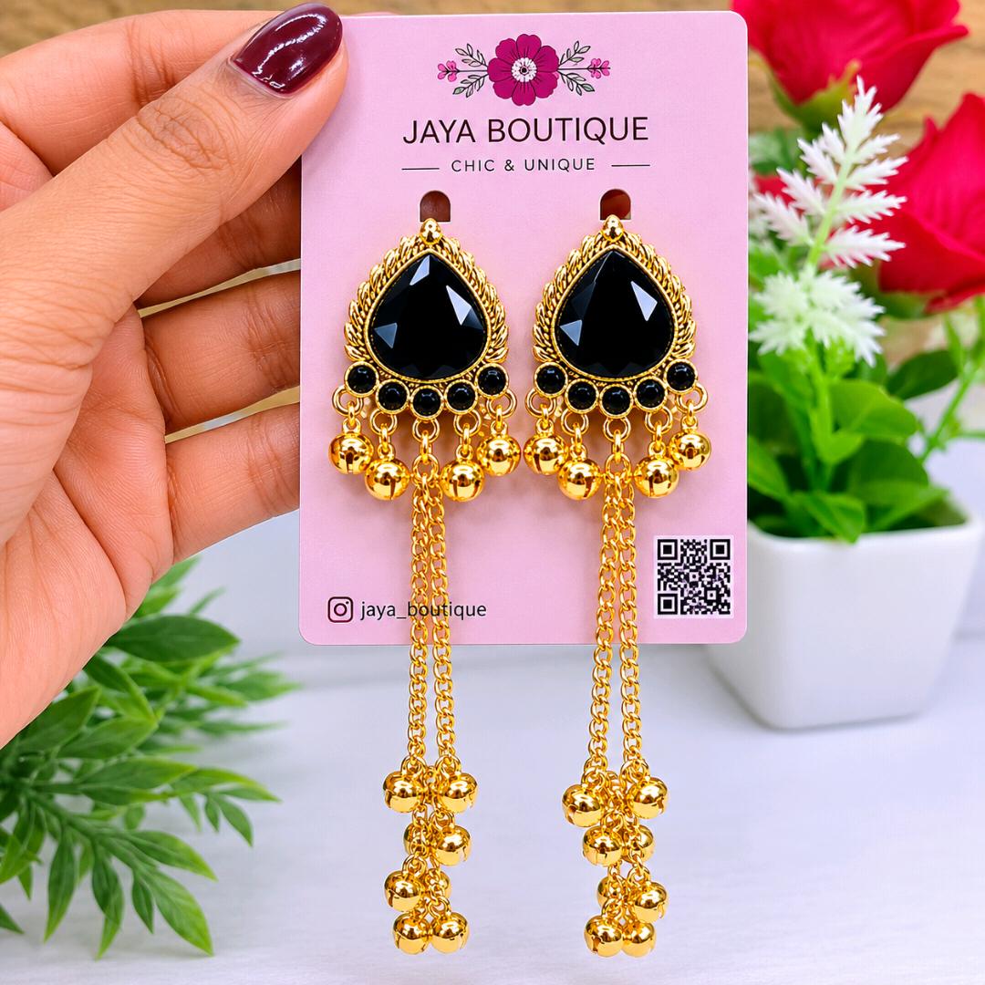 Kashmiri Black Stone Tassel Drop Earrings
