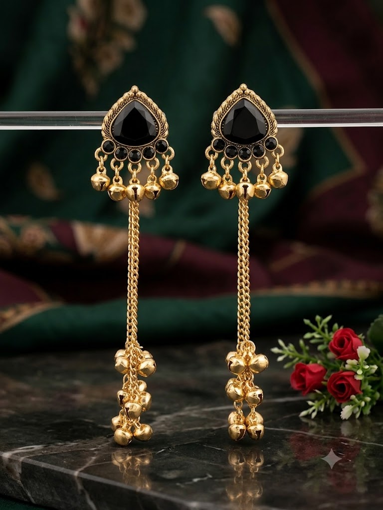 Kashmiri Black Stone Tassel Drop Earrings