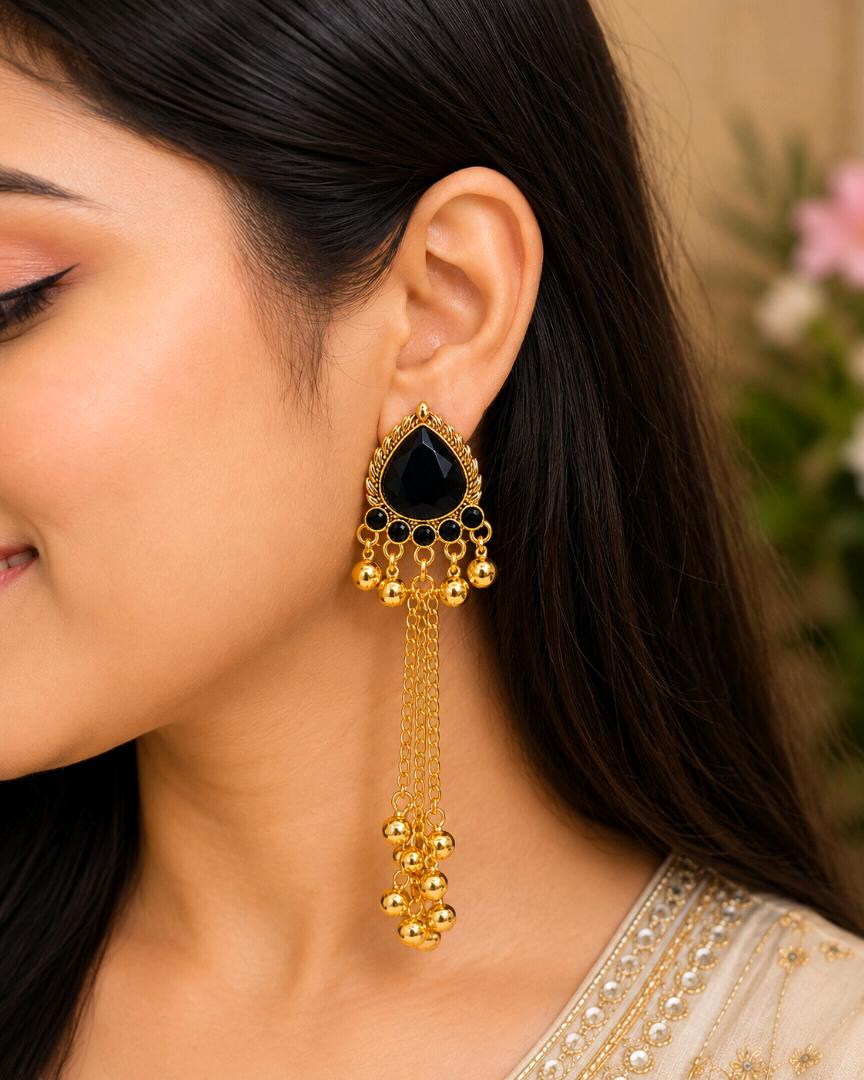 Kashmiri Black Stone Tassel Drop Earrings