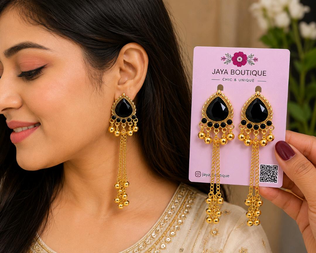 Kashmiri Black Stone Tassel Drop Earrings