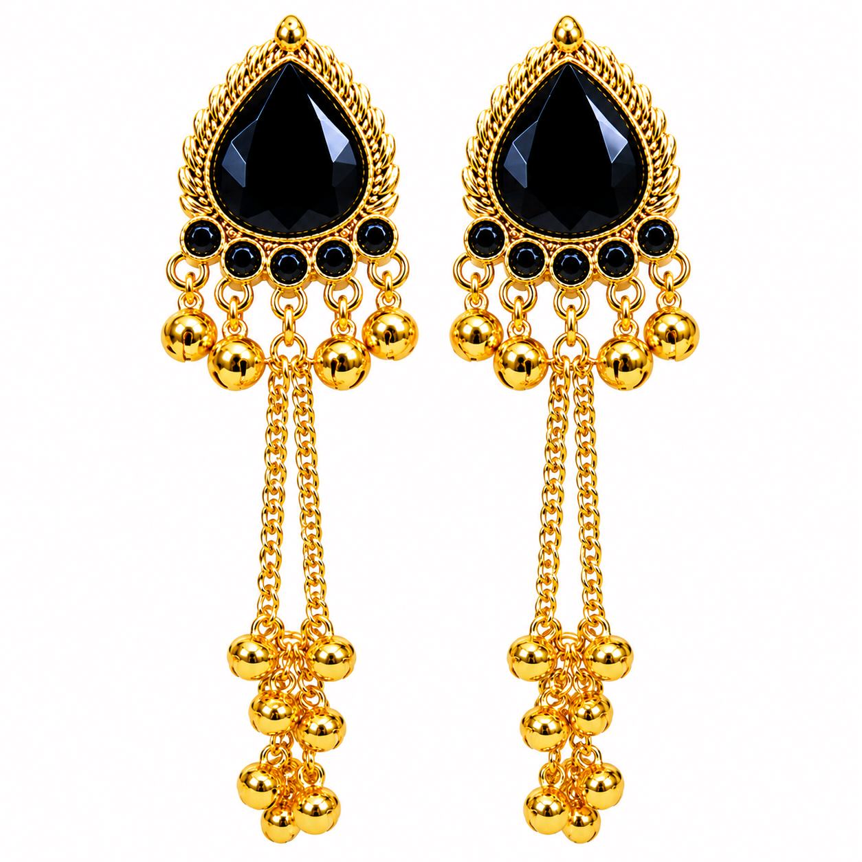Kashmiri Black Stone Tassel Drop Earrings