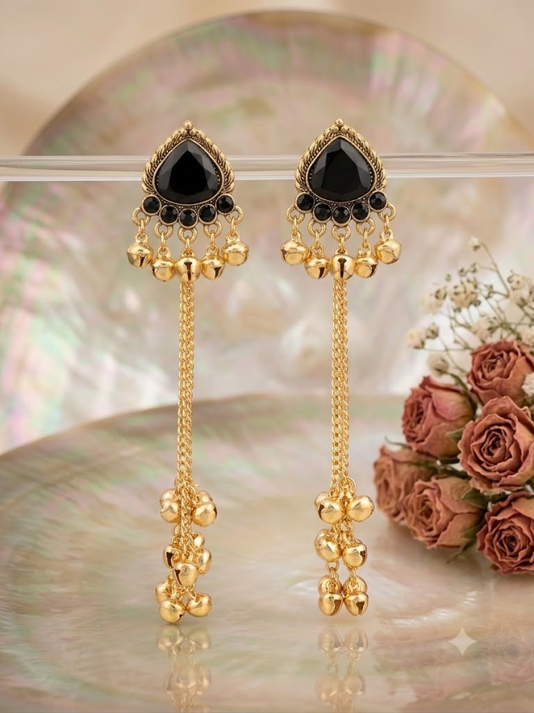 Kashmiri Black Stone Tassel Drop Earrings