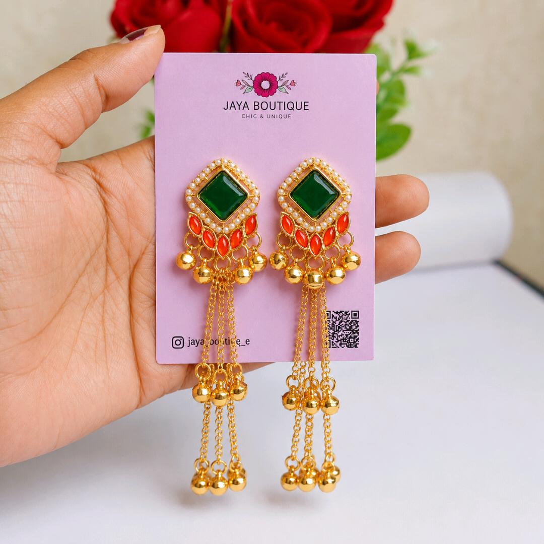 Kashmiri Green Stone Tassel Earrings