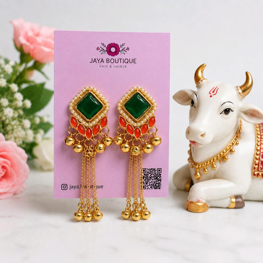 Kashmiri Green Stone Tassel Earrings