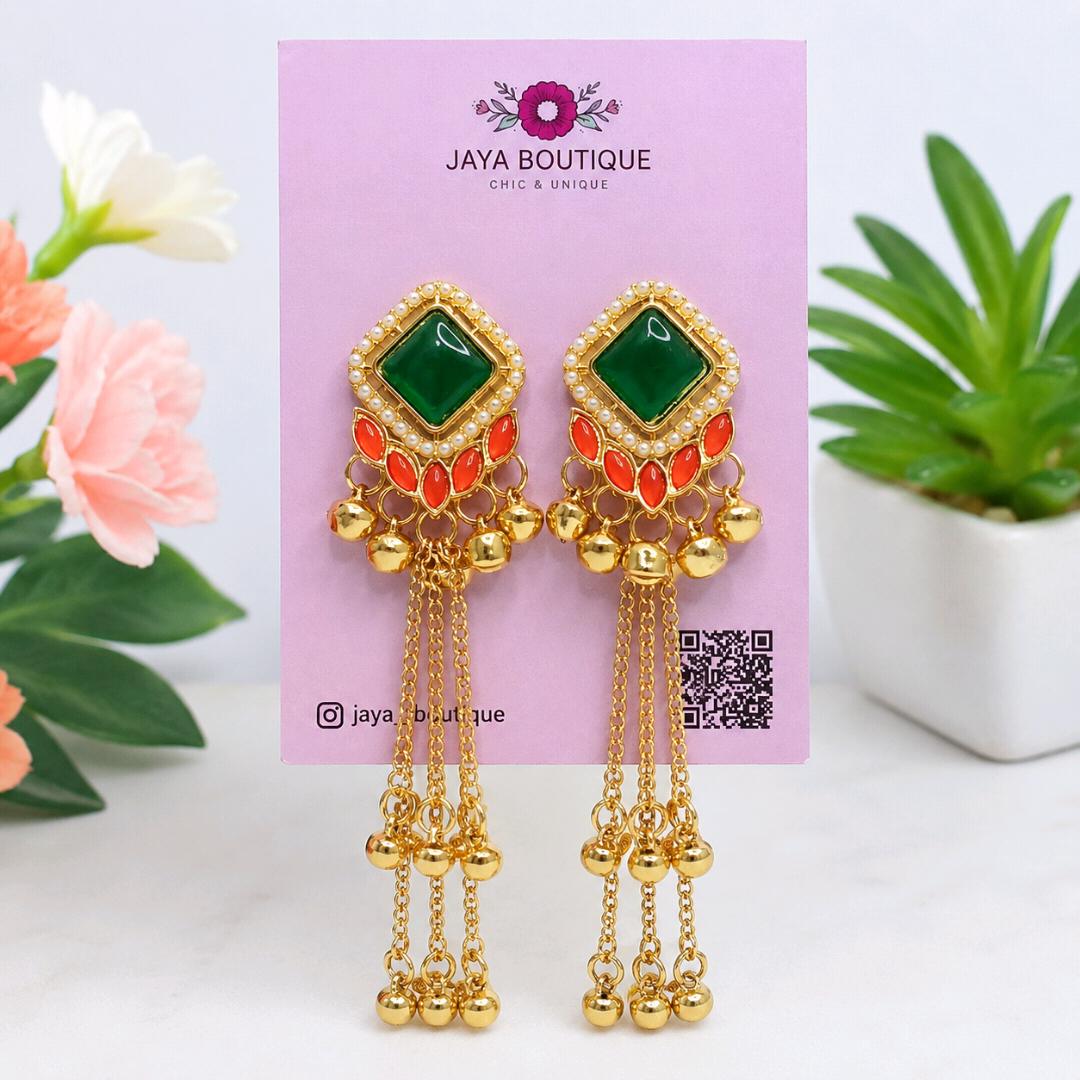 Kashmiri Green Stone Tassel Earrings