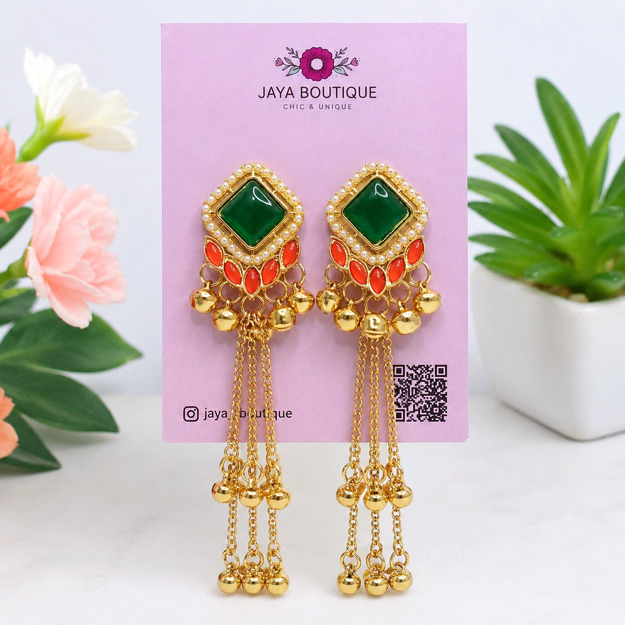 Kashmiri Green Stone Tassel Earrings