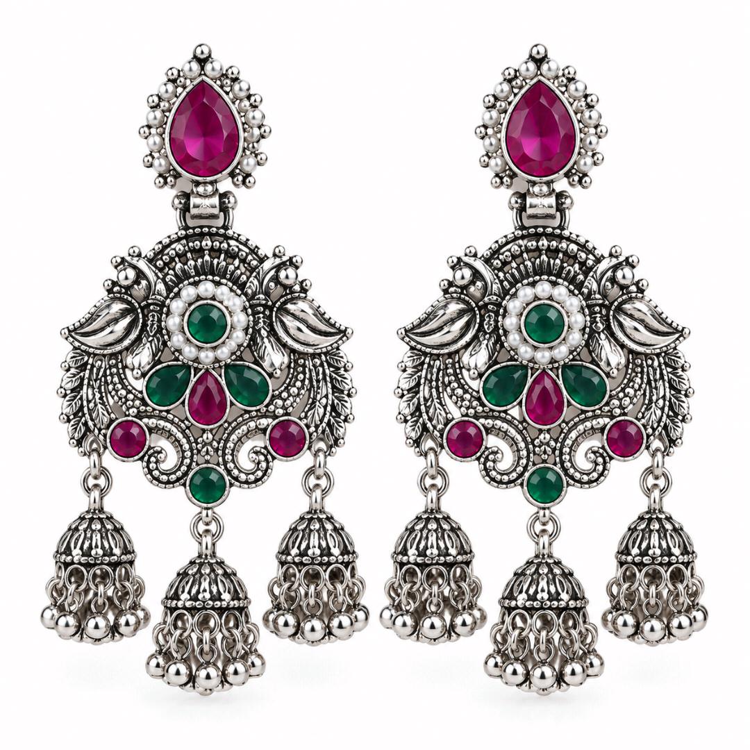 Royal Emerald-Ruby Silver Jhumkas