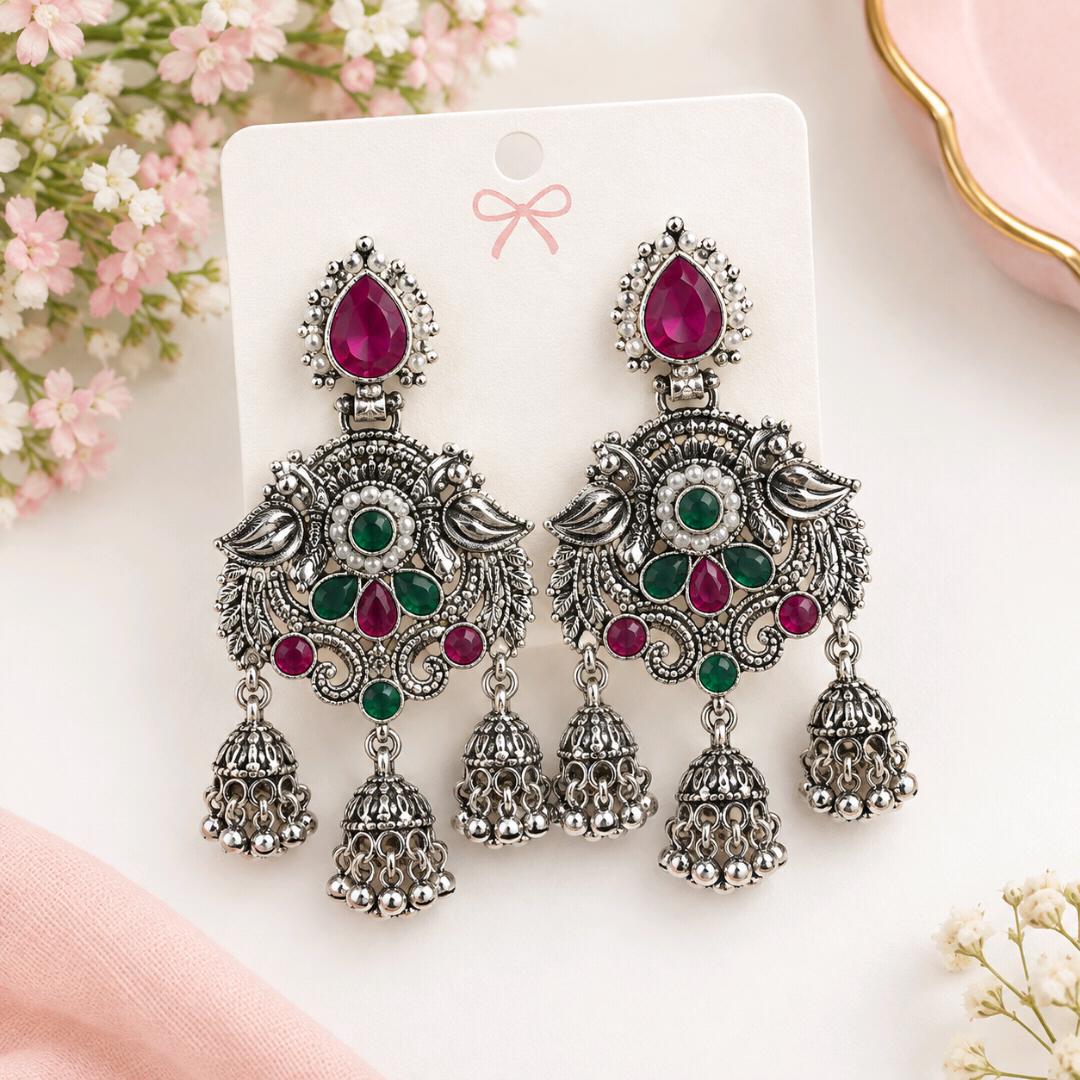Royal Emerald-Ruby Silver Jhumkas