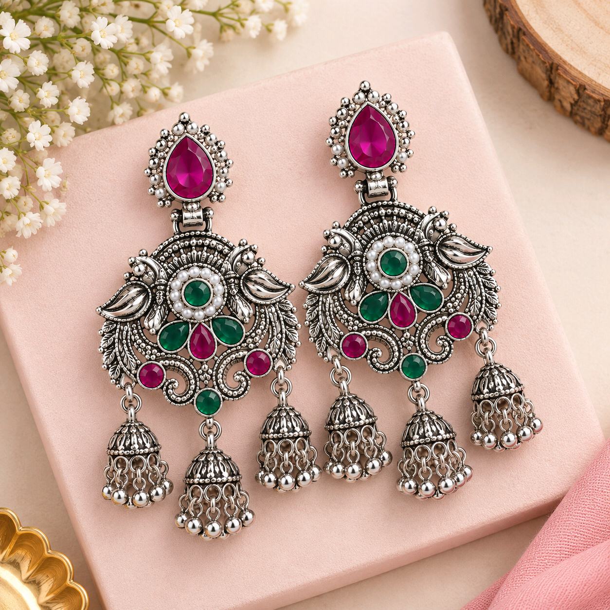 Royal Emerald-Ruby Silver Jhumkas