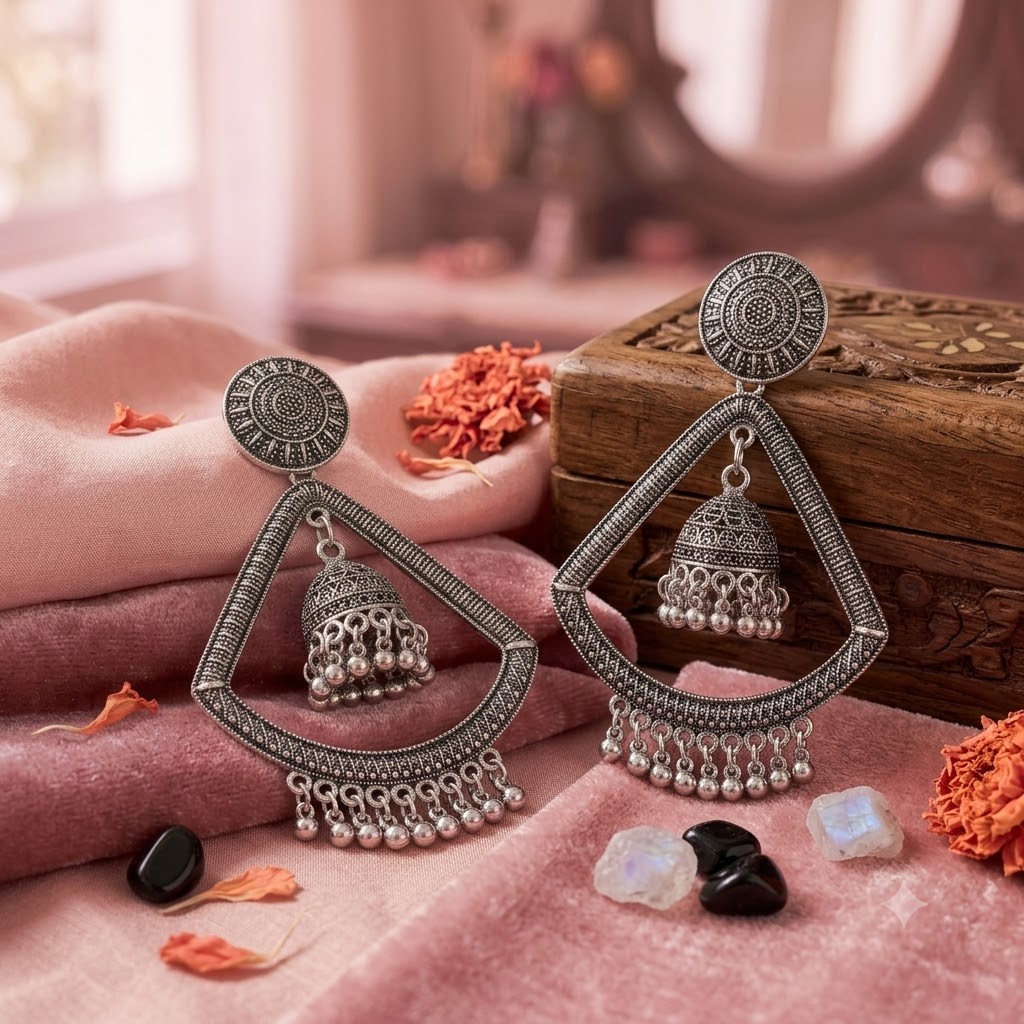 Mira Oxidised Silver Traingle Jhumka Earrings