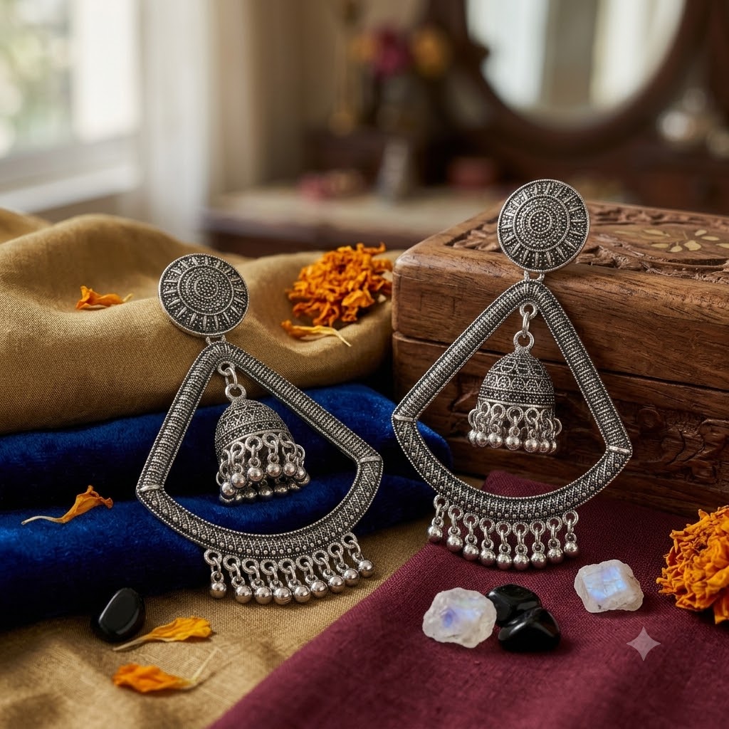 Mira Oxidised Silver Traingle Jhumka Earrings