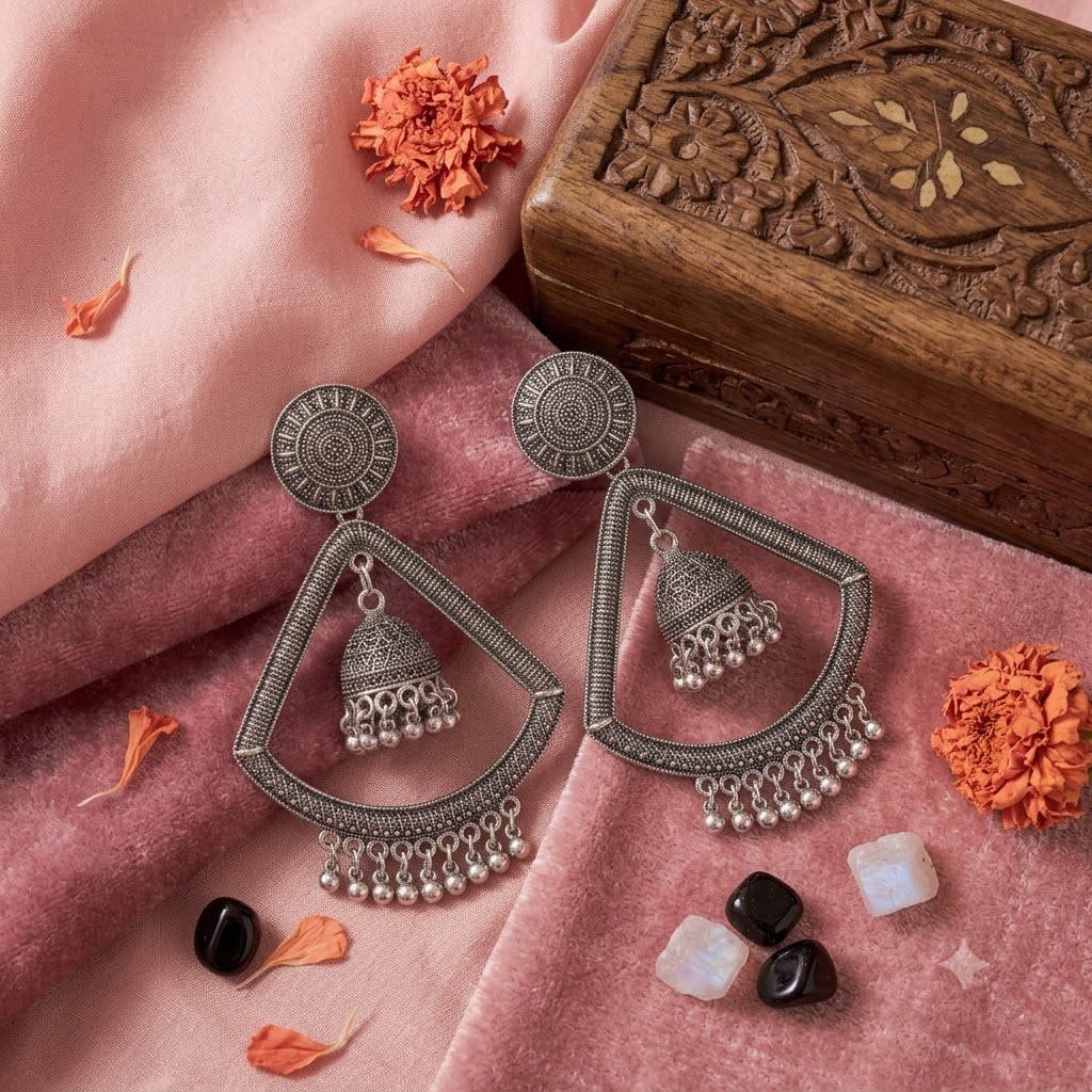Mira Oxidised Silver Traingle Jhumka Earrings