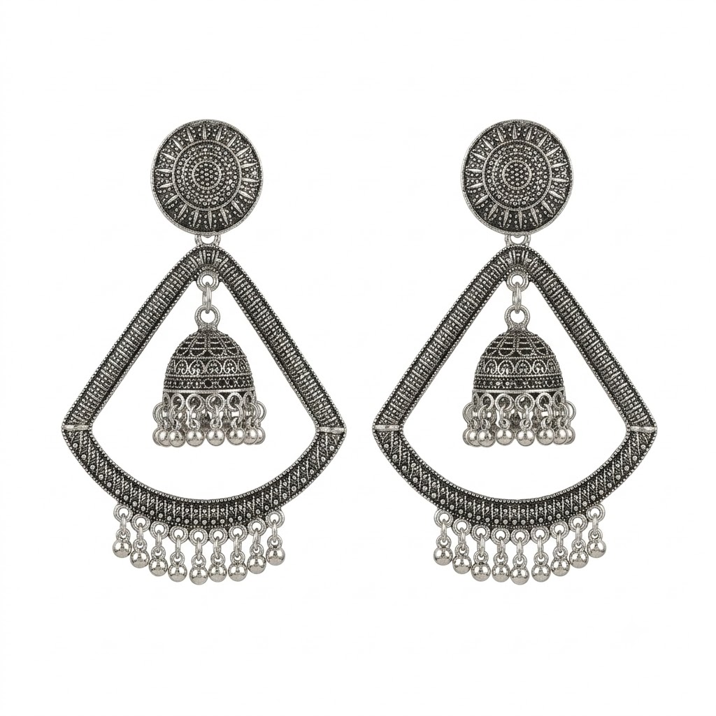 Mira Oxidised Silver Traingle Jhumka Earrings