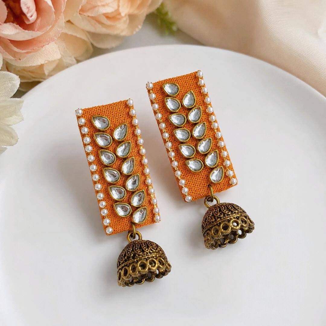 Mustard Yellow Fabric Kundan Rectangular Jhumkas