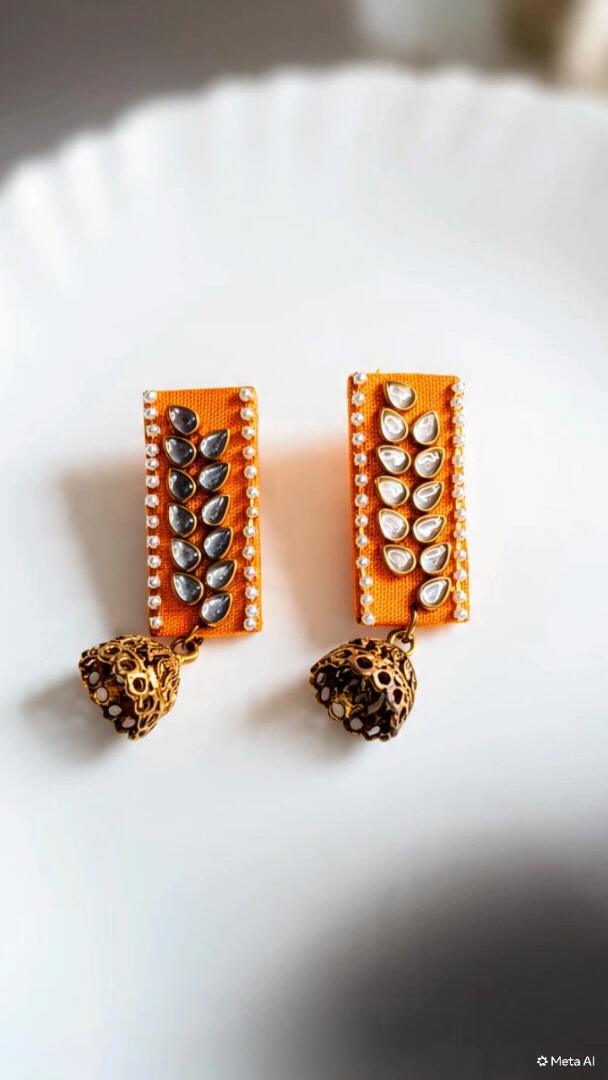 Mustard Yellow Fabric Kundan Rectangular Jhumkas