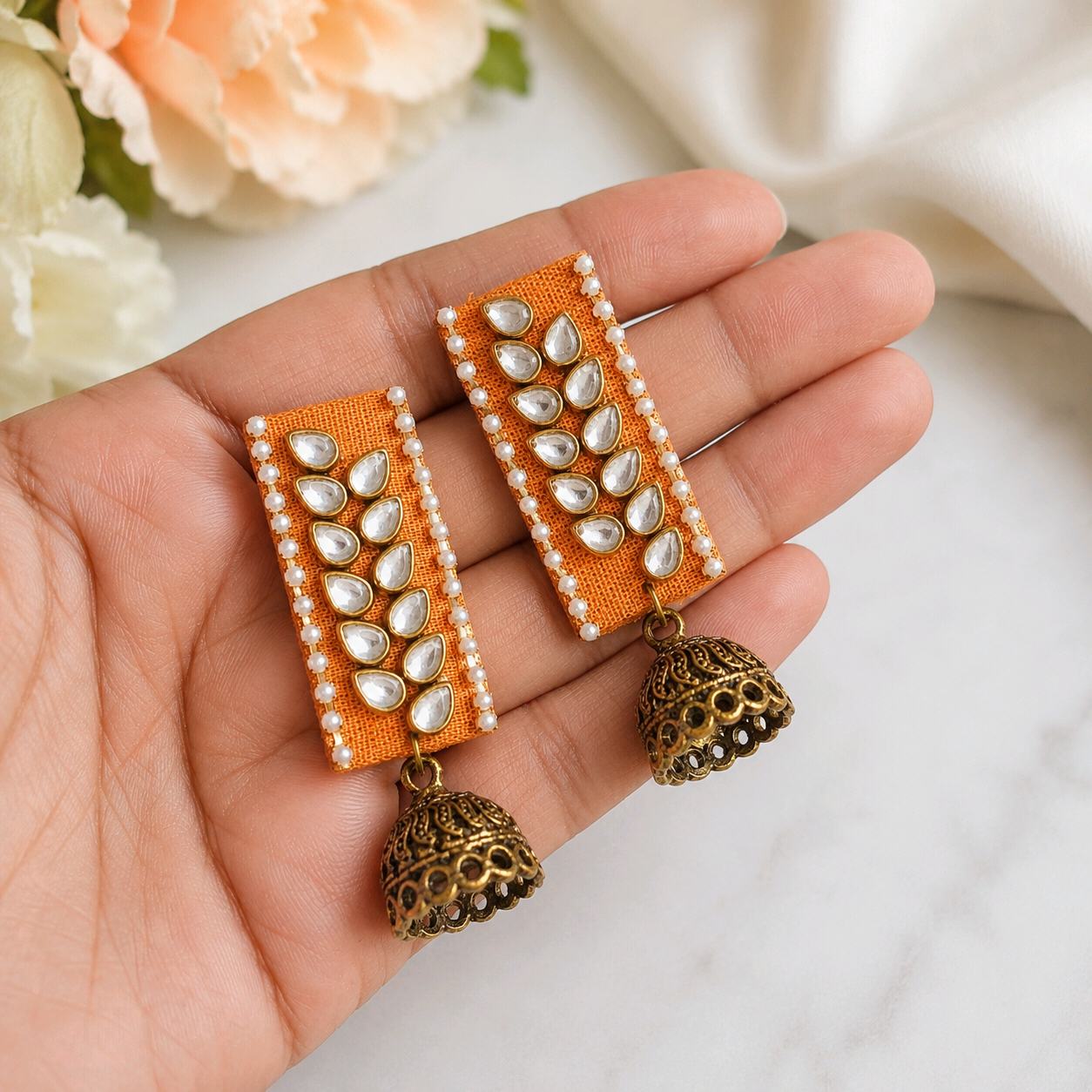 Mustard Yellow Fabric Kundan Rectangular Jhumkas