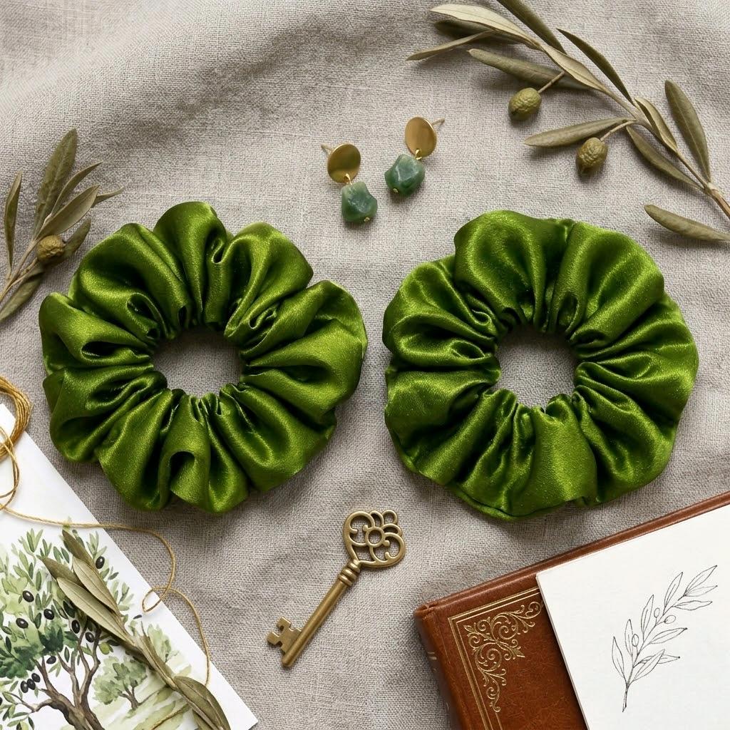 Olive Green Satin Scrunchies Set Of 2