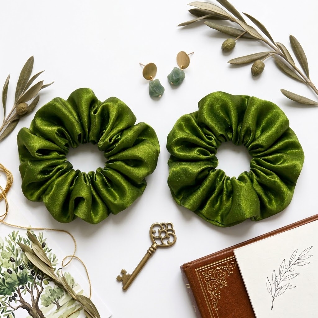 Olive Green Satin Scrunchies Set Of 2