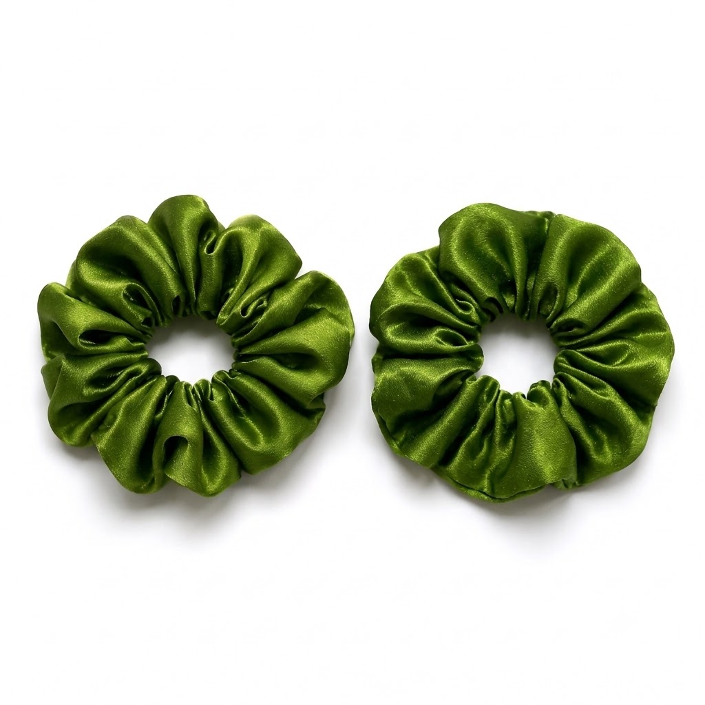 Olive Green Satin Scrunchies Set Of 2