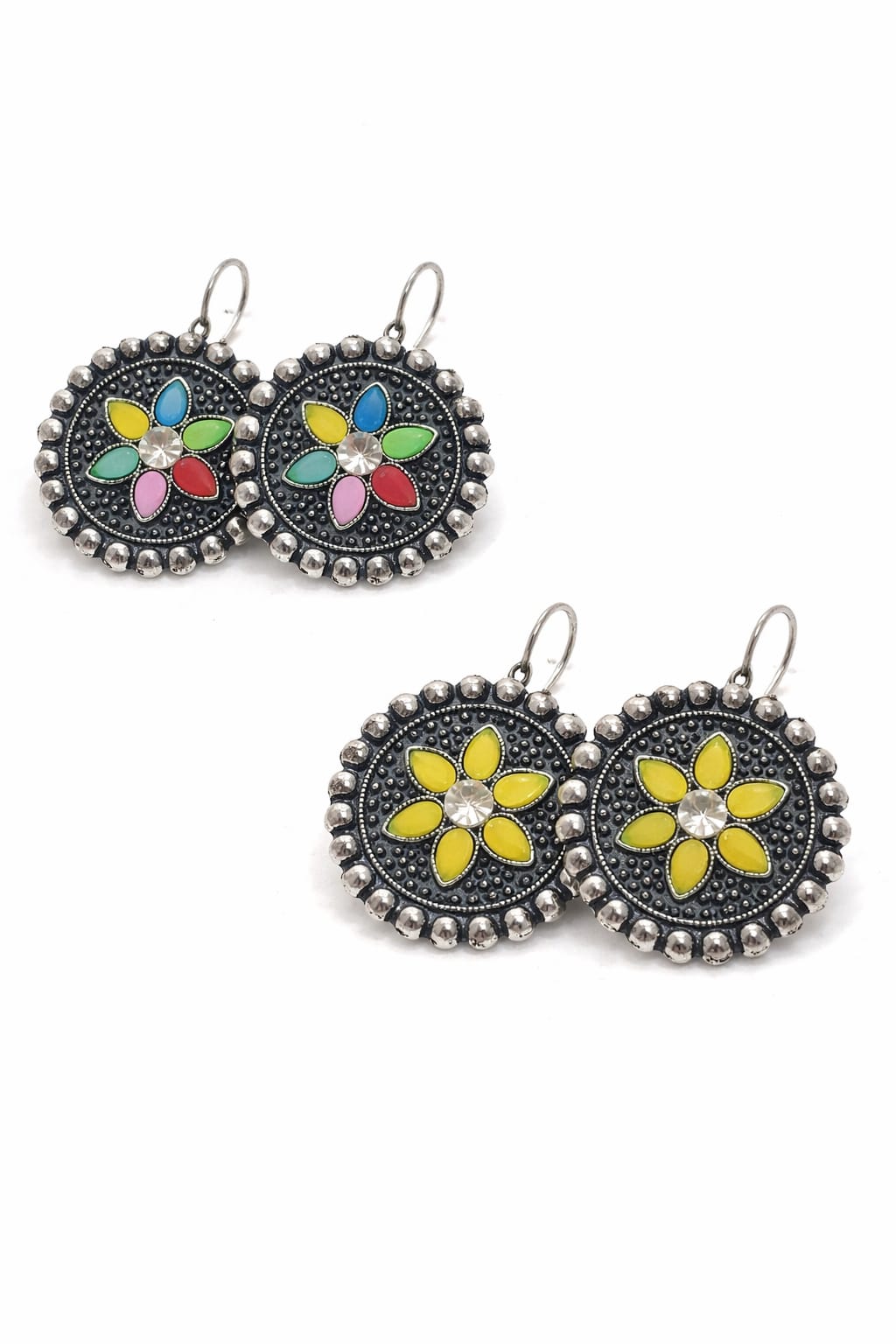 Oxidised Floral Multicolor Drop Earrings (Set of 2)