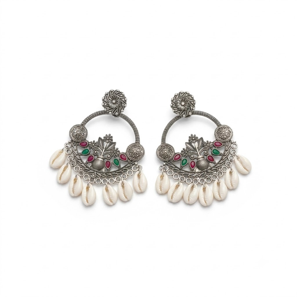 Oxidized Silver Cowrie Shell Crescent Earrings
