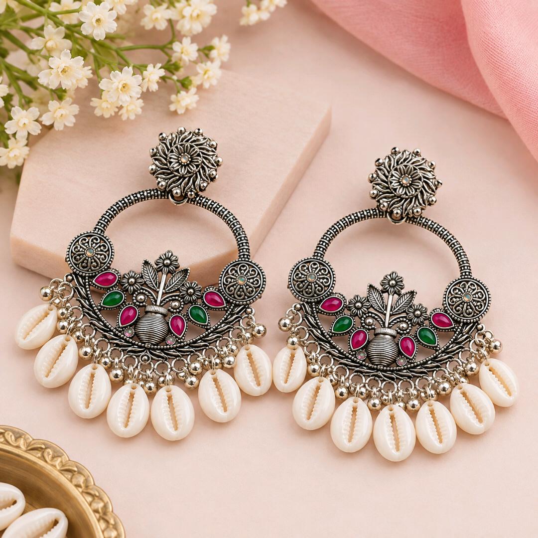 Oxidized Silver Cowrie Shell Crescent Earrings