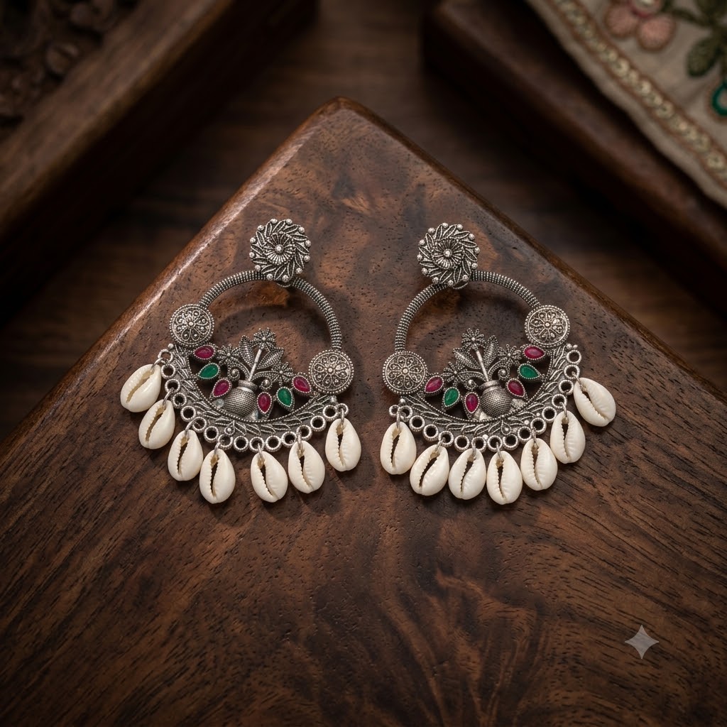 Oxidized Silver Cowrie Shell Crescent Earrings