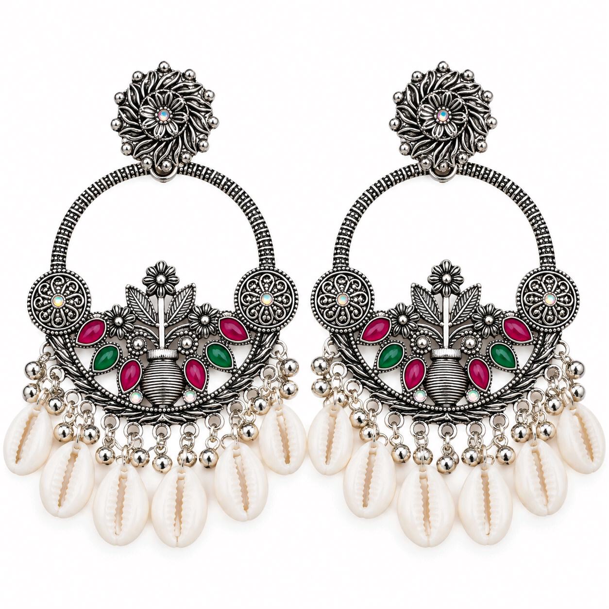 Oxidized Silver Cowrie Shell Crescent Earrings