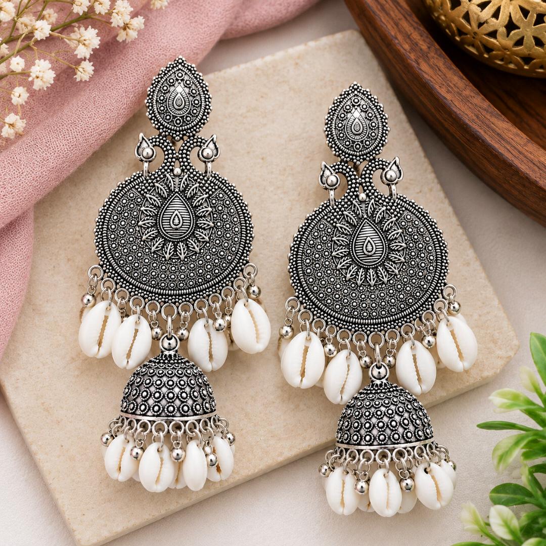Oxidized Silver Cowrie Shell Crescent Jhumka Earrings