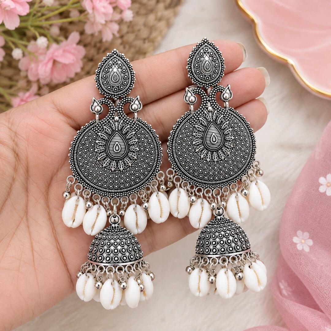 Oxidized Silver Cowrie Shell Crescent Jhumka Earrings