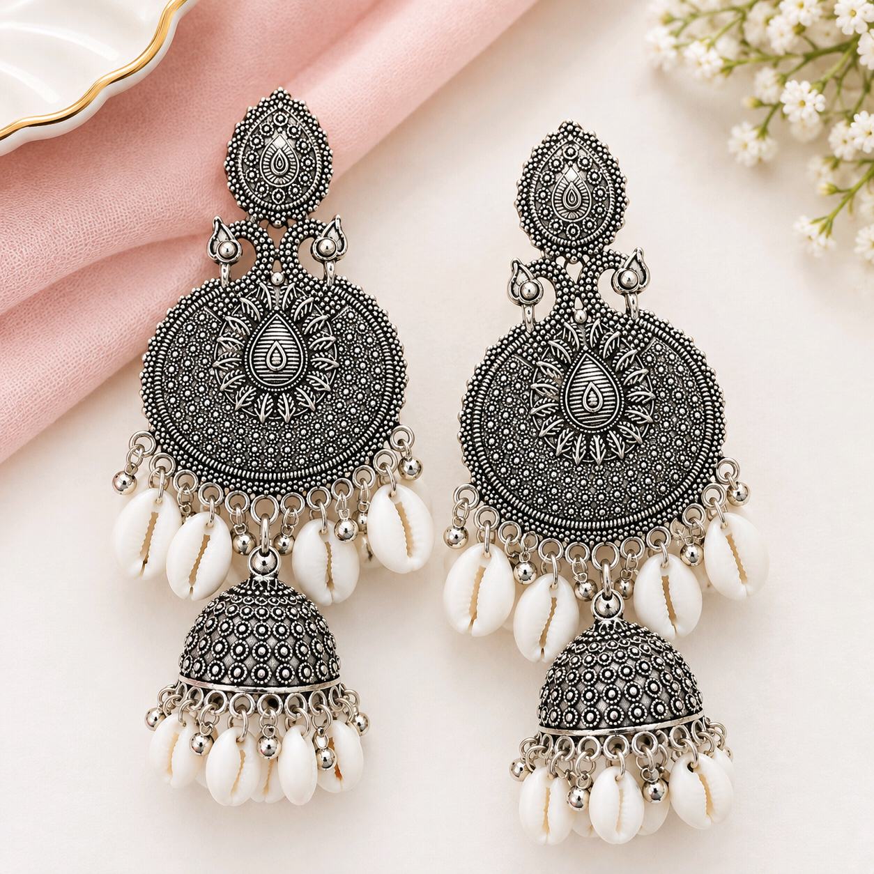 Oxidized Silver Cowrie Shell Crescent Jhumka Earrings