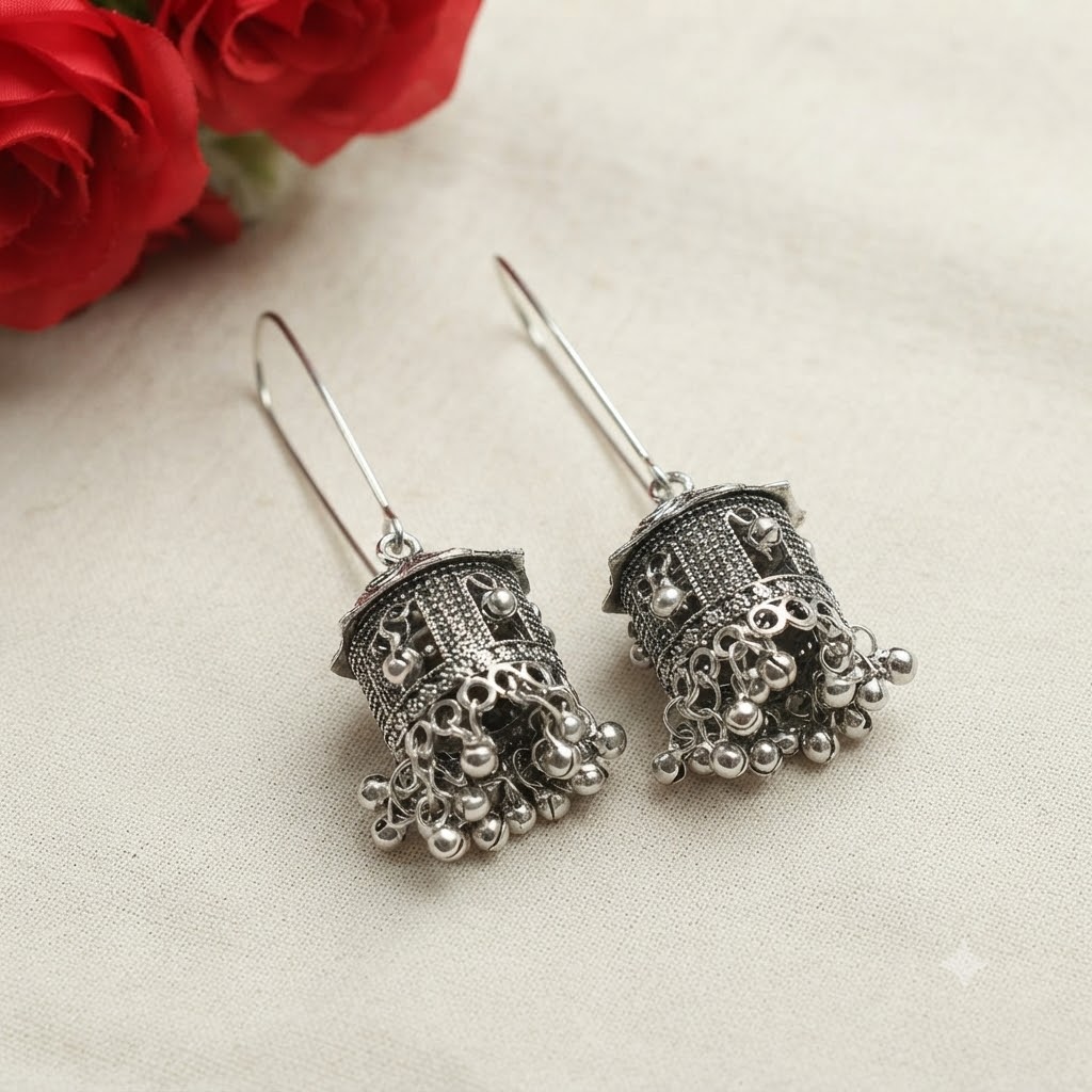 Oxidized Silver Jhumka Earrings
