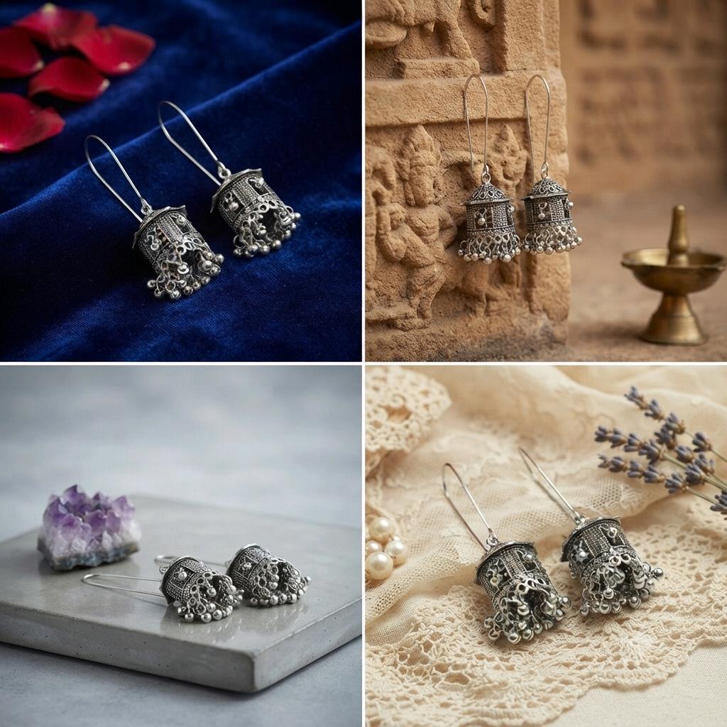 Oxidized Silver Jhumka Earrings