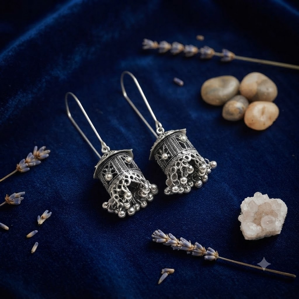 Oxidized Silver Jhumka Earrings