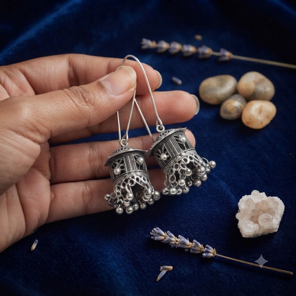 Oxidized Silver Jhumka Earrings