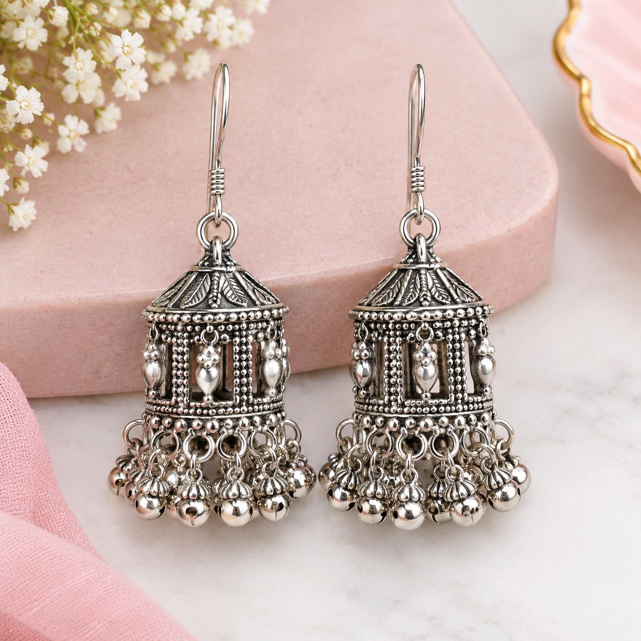 Oxidized Silver Jhumka Earrings
