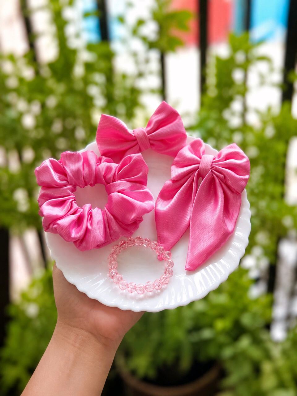 Pink Satin Hair Accessories Set