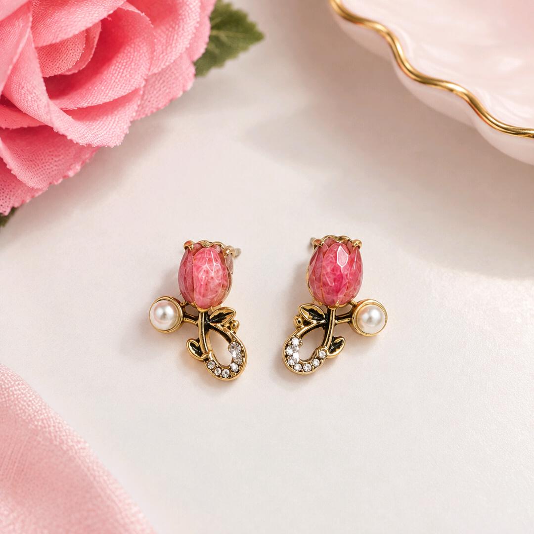 Pink Tulip Golden Pearl Drop Earrings