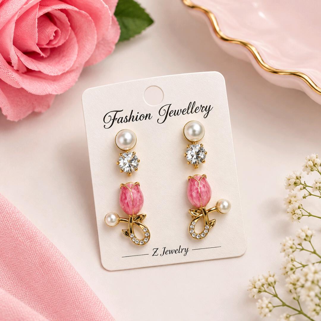 Pink Tulip Golden Pearl Drop Earrings