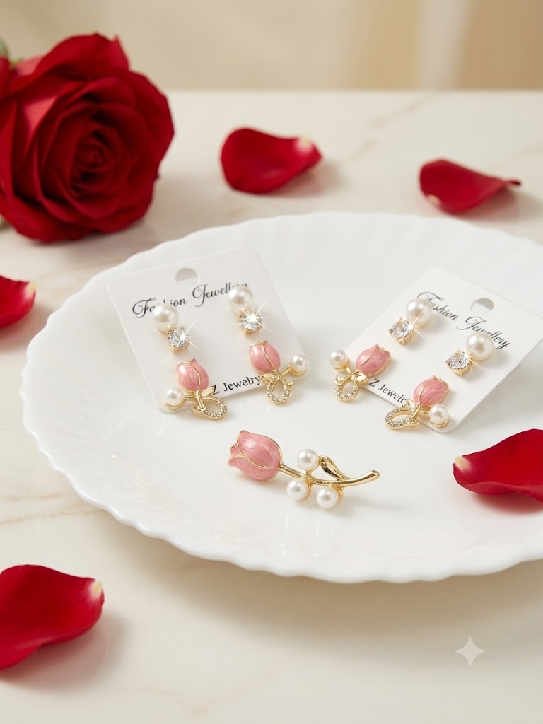Pink Tulip Golden Pearl Drop Earrings
