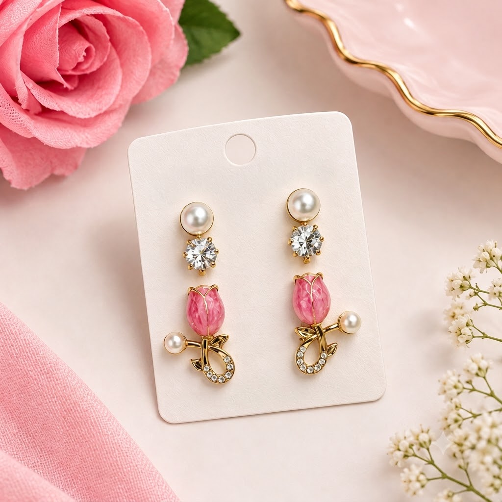 Pink Tulip Golden Pearl Drop Earrings