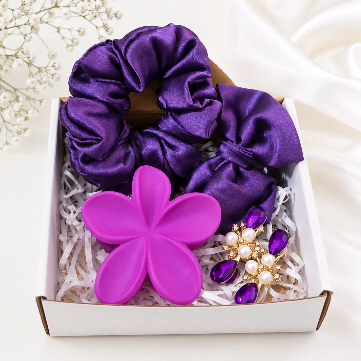 Purple Satin Scrunchie Gift Hamper Set