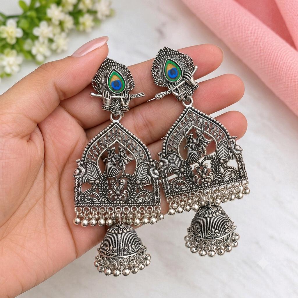 Radha Krishna Peacock Feather Oxidised Jhumka Earrings