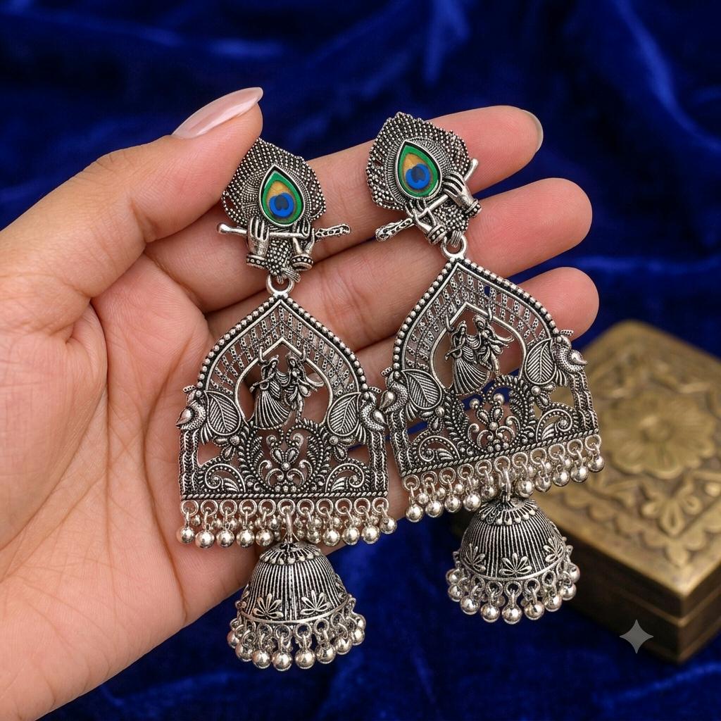 Radha Krishna Peacock Feather Oxidised Jhumka Earrings