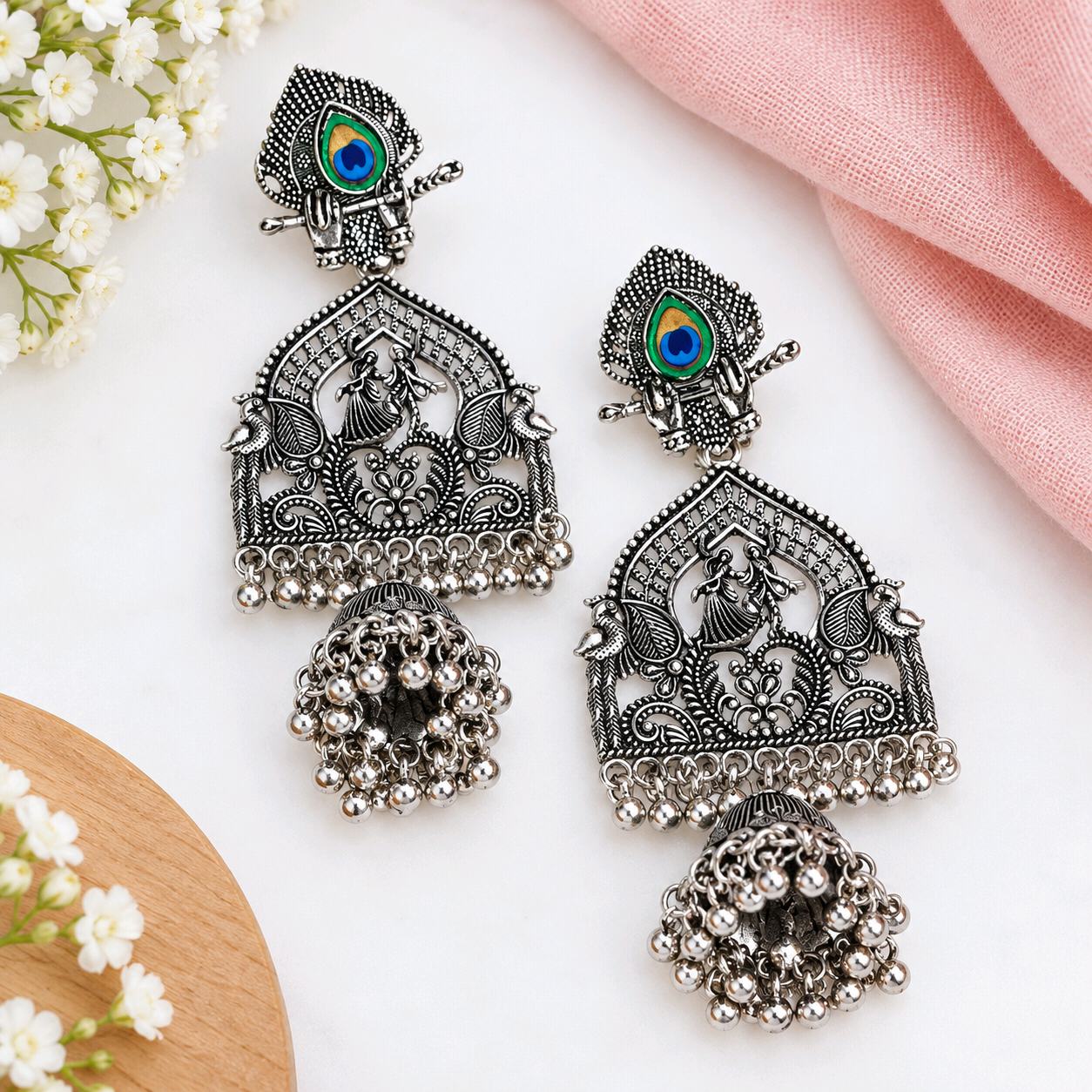 Radha Krishna Peacock Feather Oxidised Jhumka Earrings