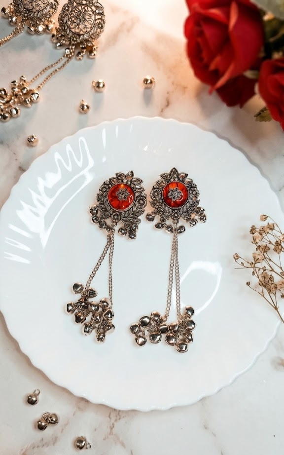 Red Meenakari Long Tassel Jhumka Earrings