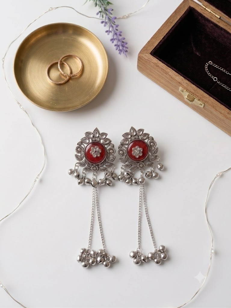 Red Meenakari Long Tassel Jhumka Earrings